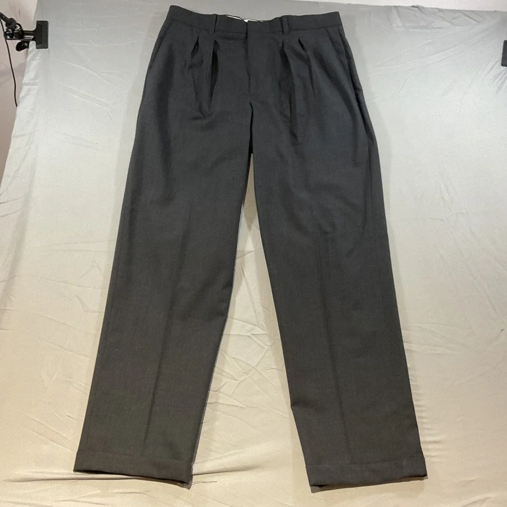 LL Bean Wool Dress Pants 35 Gray Pleated Classic Fit Cuffed Business Career Slac